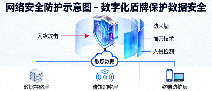 网络安全防护示意图 - 数字化盾牌保护数据安全